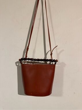Sezane Chestnut Leather Bucket Bag with Dark Wood Bead Handle
